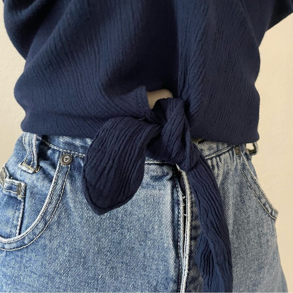 Textured Navy Blue Front Tie Top - Picture 2 of 5